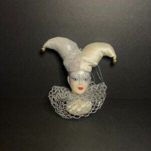 Vintage White & Silver Harlequin Jester Pierrot Clown Plastic Head Tree Ornament